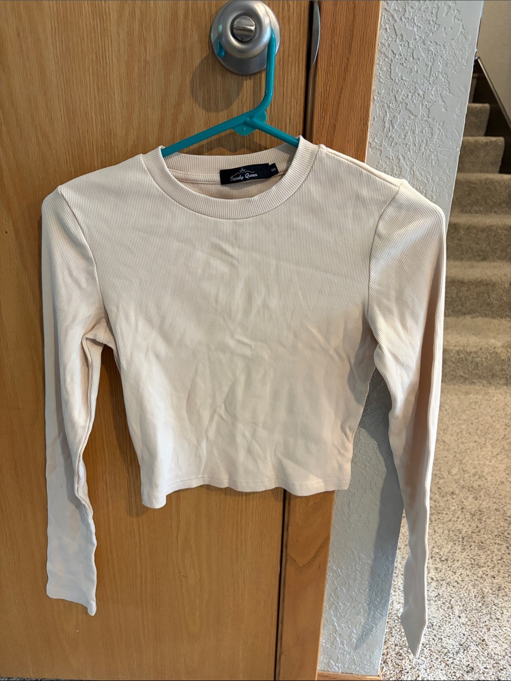 Cropped Long Sleeve Tee in Beige — Classic Crewneck - Picture 2 of 3